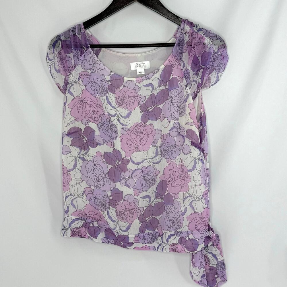 LOFT Petite Purple Floral Puff Sleeve Blouse | LP | Side Tie